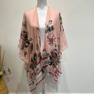 Catherines Floral Kimono Topper Pink Red Gray Open Front One Size OS Resort‎